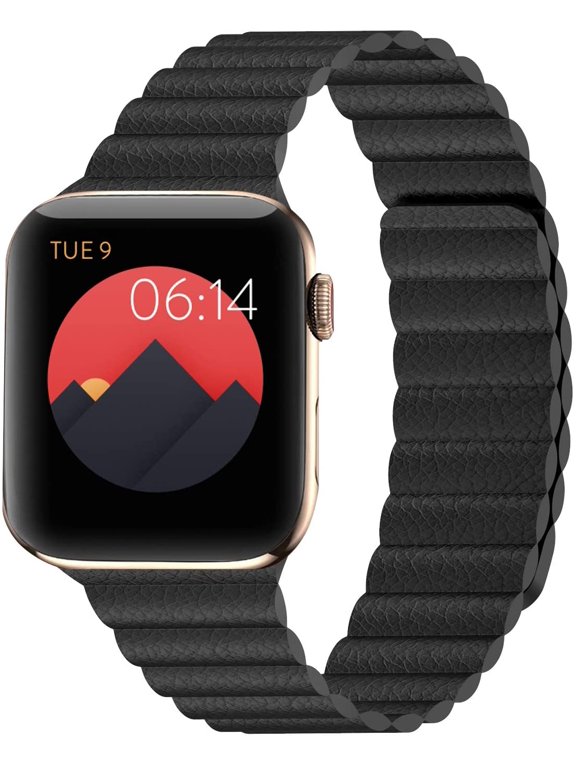 -Compatible with Apple Watch Band 49mm 46mm 45mm 44mm 42mm 41mm 40mm 38mm - Adjustable Leather Strap with Magnetic Closure System for iWatch Series 10 Ultra 2 Ultra/9/8/7/SE/6/5/4/3/2/1 - Black
