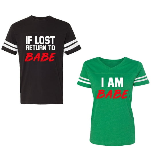 IF Lost Return To Babe I am BabeUnisex Couple Matching Cotton Jersey style T-Shirt Contrasting stripes on sleeves (Men Black / Women Green) (Men XXL / Women M)