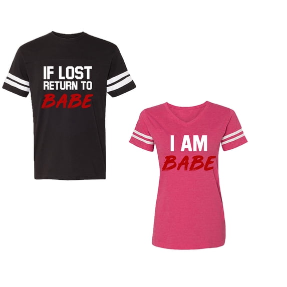 IF Lost Return To Babe I am BabeUnisex Couple Matching Cotton Jersey style T-Shirt Contrasting stripes on sleeves (Men Black / Women Pink) (Men L / Women XL)