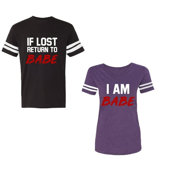IF Lost Return To Babe I am BabeUnisex Couple Matching Cotton Jersey style T-Shirt Contrasting stripes on sleeves (Men Black / Women Purple) (Men S / Women XL)