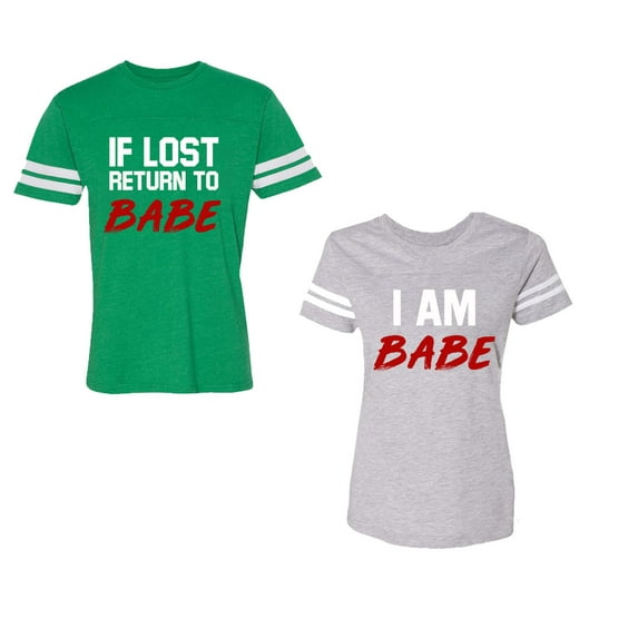 IF Lost Return To Babe I am BabeUnisex Couple Matching Cotton Jersey style T-Shirt Contrasting stripes on sleeves (Men Green / Women Heather) (Men L / Women XL)