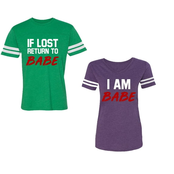 IF Lost Return To Babe I am BabeUnisex Couple Matching Cotton Jersey style T-Shirt Contrasting stripes on sleeves (Men Green / Women Purple) (Men M / Women XL)