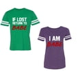 thumbnail image 1 of IF Lost Return To Babe I am BabeUnisex Couple Matching Cotton Jersey style T-Shirt Contrasting stripes on sleeves (Men Green / Women Purple) (Men S / Women XL), 1 of 3