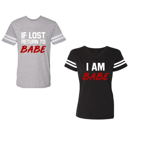 IF Lost Return To Babe I am BabeUnisex Couple Matching Cotton Jersey style T-Shirt Contrasting stripes on sleeves (Men Heather / Women Black) (Men S / Women S)