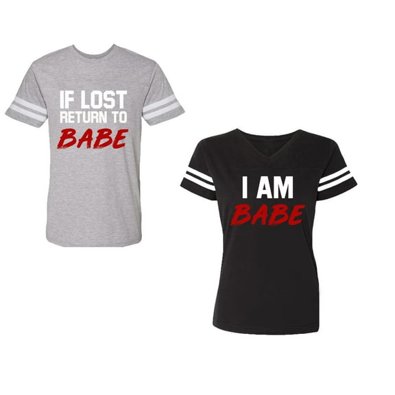 IF Lost Return To Babe I am BabeUnisex Couple Matching Cotton Jersey style T-Shirt Contrasting stripes on sleeves (Men Heather / Women Black) (Men S / Women S)