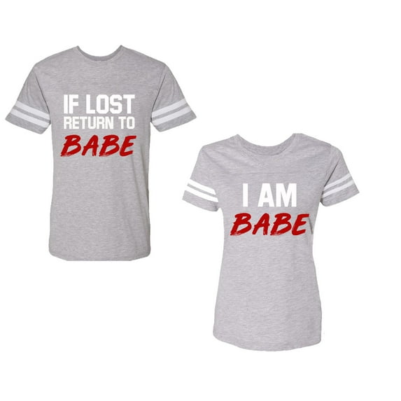 IF Lost Return To Babe I am BabeUnisex Couple Matching Cotton Jersey style T-Shirt Contrasting stripes on sleeves (Men Heather / Women Heather) (Men M / Women XL)