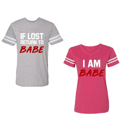 IF Lost Return To Babe I am BabeUnisex Couple Matching Cotton Jersey style T-Shirt Contrasting stripes on sleeves (Men Heather / Women Pink) (Men XL / Women XXL)