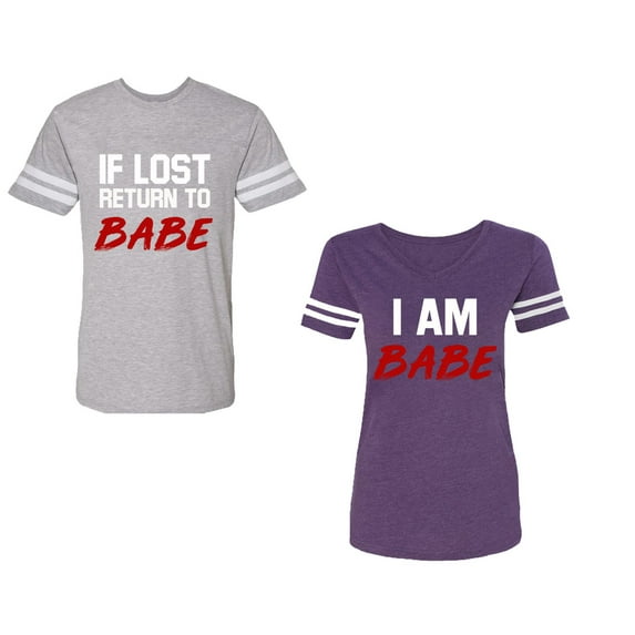 IF Lost Return To Babe I am BabeUnisex Couple Matching Cotton Jersey style T-Shirt Contrasting stripes on sleeves (Men Heather / Women Purple) (Men XXL / Women XL)