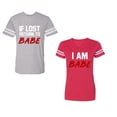 thumbnail image 1 of IF Lost Return To Babe I am BabeUnisex Couple Matching Cotton Jersey style T-Shirt Contrasting stripes on sleeves (Men Heather / Women Red) (Men XXL / Women XL), 1 of 3