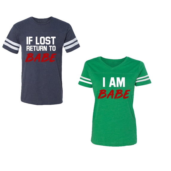 IF Lost Return To Babe I am BabeUnisex Couple Matching Cotton Jersey style T-Shirt Contrasting stripes on sleeves (Men Navy / Women Green) (Men XL / Women XL)