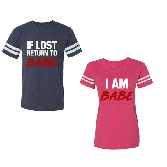 IF Lost Return To Babe I am BabeUnisex Couple Matching Cotton Jersey style T-Shirt Contrasting stripes on sleeves (Men Navy / Women Pink) (Men XL / Women S)