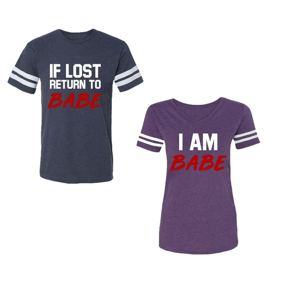 IF Lost Return To Babe I am BabeUnisex Couple Matching Cotton Jersey style T-Shirt Contrasting stripes on sleeves (Men Navy / Women Purple) (Men XXL / Women L)
