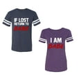 thumbnail image 1 of IF Lost Return To Babe I am BabeUnisex Couple Matching Cotton Jersey style T-Shirt Contrasting stripes on sleeves (Men Navy / Women Purple) (Men XXL / Women S), 1 of 3