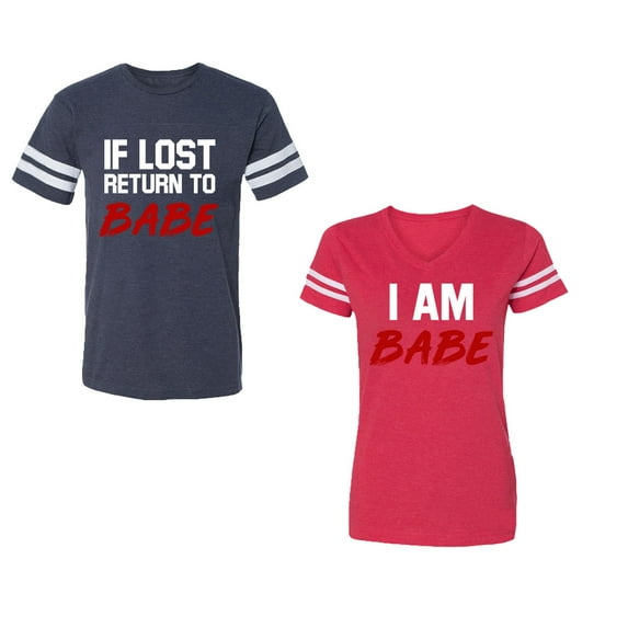 IF Lost Return To Babe I am BabeUnisex Couple Matching Cotton Jersey style T-Shirt Contrasting stripes on sleeves (Men Navy / Women Red) (Men L / Women XL)