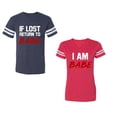 thumbnail image 1 of IF Lost Return To Babe I am BabeUnisex Couple Matching Cotton Jersey style T-Shirt Contrasting stripes on sleeves (Men Navy / Women Red) (Men XL / Women M), 1 of 3
