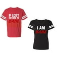thumbnail image 1 of IF Lost Return To Babe I am BabeUnisex Couple Matching Cotton Jersey style T-Shirt Contrasting stripes on sleeves (Men Red / Women Black) (Men M / Women XL), 1 of 3