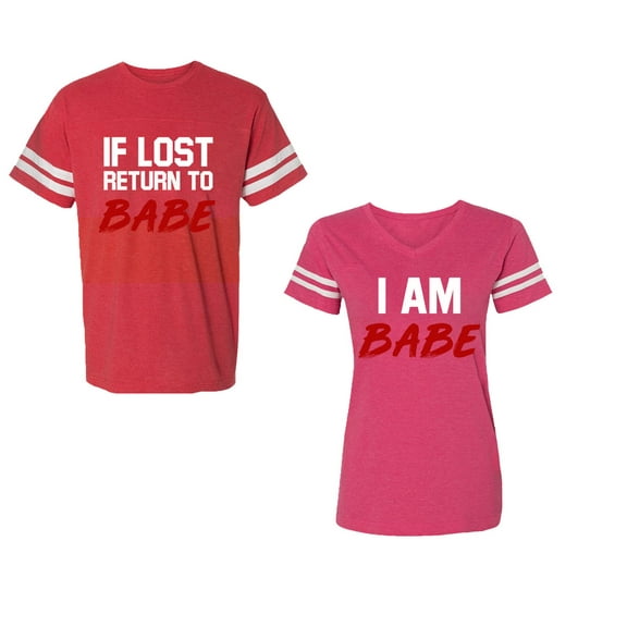 IF Lost Return To Babe I am BabeUnisex Couple Matching Cotton Jersey style T-Shirt Contrasting stripes on sleeves (Men Red / Women Pink) (Men L / Women M)