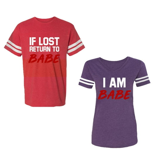 IF Lost Return To Babe I am BabeUnisex Couple Matching Cotton Jersey style T-Shirt Contrasting stripes on sleeves (Men Red / Women Purple) (Men L / Women L)