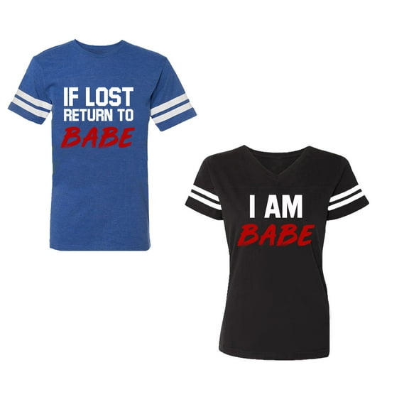 IF Lost Return To Babe I am BabeUnisex Couple Matching Cotton Jersey style T-Shirt Contrasting stripes on sleeves (Men Royal / Women Black) (Men L / Women L)