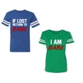 thumbnail image 1 of IF Lost Return To Babe I am BabeUnisex Couple Matching Cotton Jersey style T-Shirt Contrasting stripes on sleeves (Men Royal / Women Green) (Men S / Women L), 1 of 3