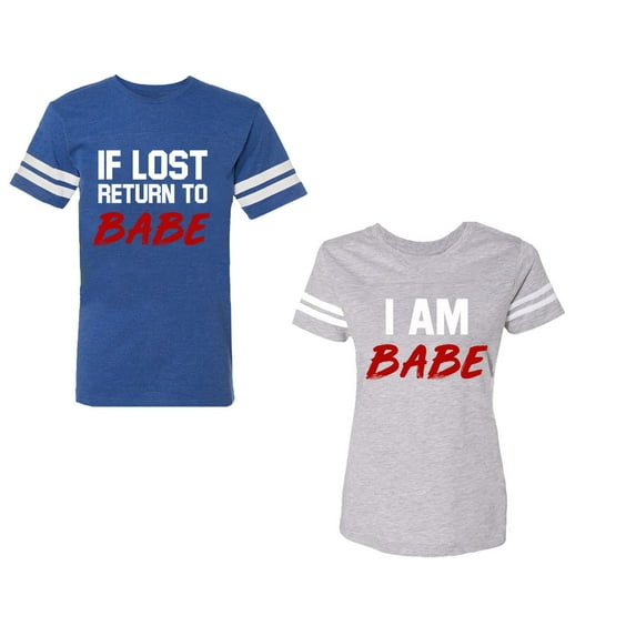 IF Lost Return To Babe I am BabeUnisex Couple Matching Cotton Jersey style T-Shirt Contrasting stripes on sleeves (Men Royal / Women Heather) (Men L / Women XXL)