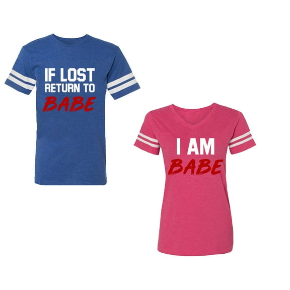 IF Lost Return To Babe I am BabeUnisex Couple Matching Cotton Jersey style T-Shirt Contrasting stripes on sleeves (Men Royal / Women Pink) (Men XL / Women XL)