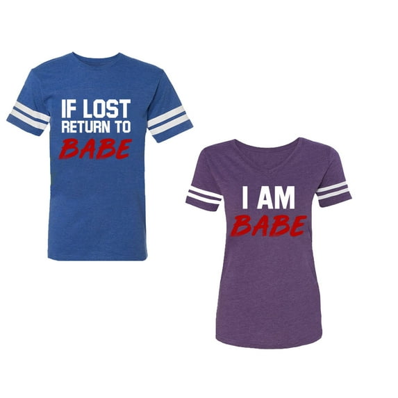 IF Lost Return To Babe I am BabeUnisex Couple Matching Cotton Jersey style T-Shirt Contrasting stripes on sleeves (Men Royal / Women Purple) (Men XL / Women S)