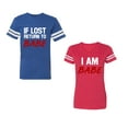 thumbnail image 1 of IF Lost Return To Babe I am BabeUnisex Couple Matching Cotton Jersey style T-Shirt Contrasting stripes on sleeves (Men Royal / Women Red) (Men M / Women XL), 1 of 3