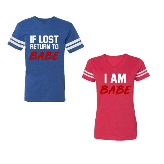 IF Lost Return To Babe I am BabeUnisex Couple Matching Cotton Jersey style T-Shirt Contrasting stripes on sleeves (Men Royal / Women Red) (Men XL / Women S)
