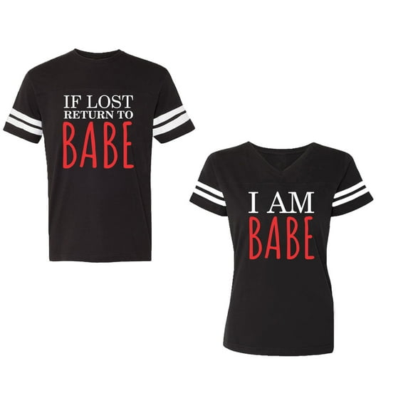 IF Lost Return To Babe I am Babe Unisex Couple Matching Cotton Jersey style T-Shirt Contrasting stripes on sleeves (Men Black / Women Black) (Men S / Women S)
