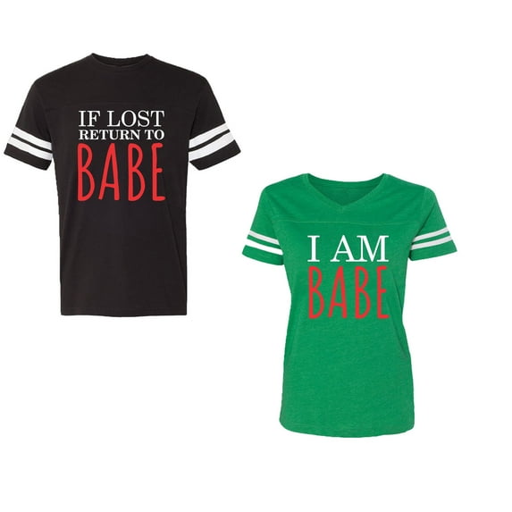 IF Lost Return To Babe I am Babe Unisex Couple Matching Cotton Jersey style T-Shirt Contrasting stripes on sleeves (Men Black / Women Green) (Men S / Women XL)