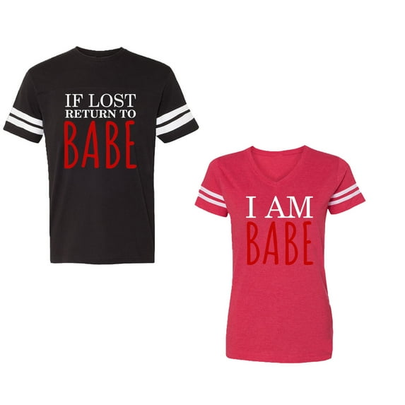 IF Lost Return To Babe I am Babe Unisex Couple Matching Cotton Jersey style T-Shirt Contrasting stripes on sleeves (Men Black / Women Red) (Men XL / Women S)