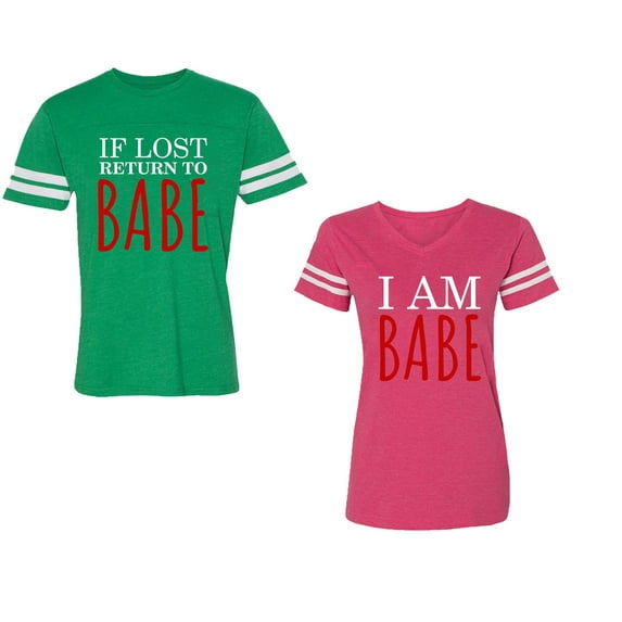 IF Lost Return To Babe I am Babe Unisex Couple Matching Cotton Jersey style T-Shirt Contrasting stripes on sleeves (Men Green / Women Pink) (Men M / Women L)