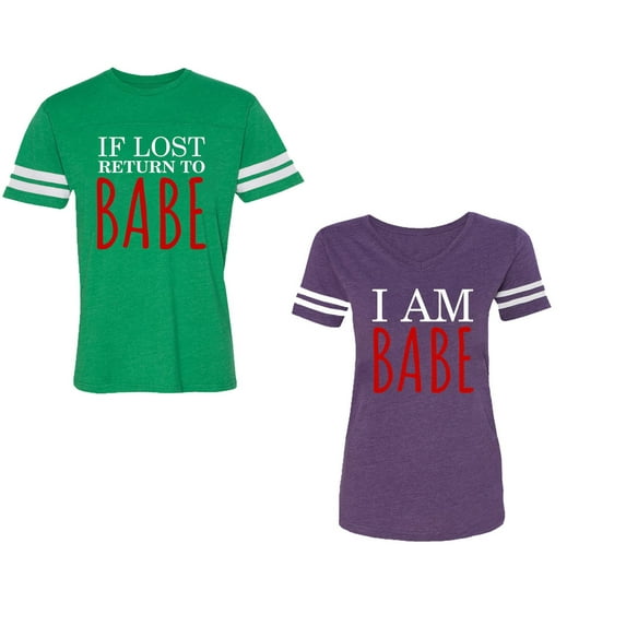 IF Lost Return To Babe I am Babe Unisex Couple Matching Cotton Jersey style T-Shirt Contrasting stripes on sleeves (Men Green / Women Purple) (Men S / Women L)