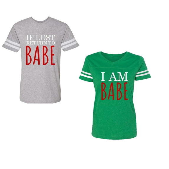 IF Lost Return To Babe I am Babe Unisex Couple Matching Cotton Jersey style T-Shirt Contrasting stripes on sleeves (Men Heather / Women Green) (Men XL / Women S)