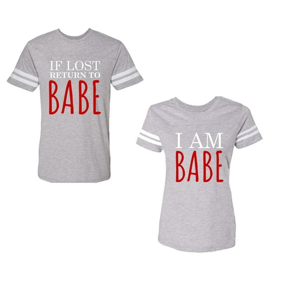 IF Lost Return To Babe I am Babe Unisex Couple Matching Cotton Jersey style T-Shirt Contrasting stripes on sleeves (Men Heather / Women Heather) (Men L / Women XL)
