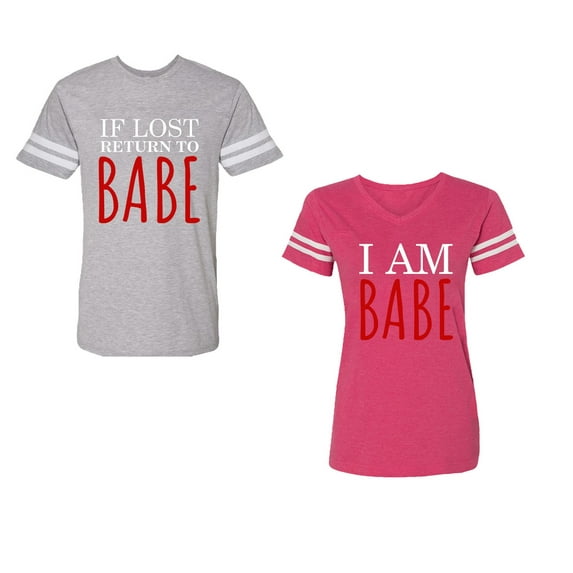 IF Lost Return To Babe I am Babe Unisex Couple Matching Cotton Jersey style T-Shirt Contrasting stripes on sleeves (Men Heather / Women Pink) (Men M / Women S)