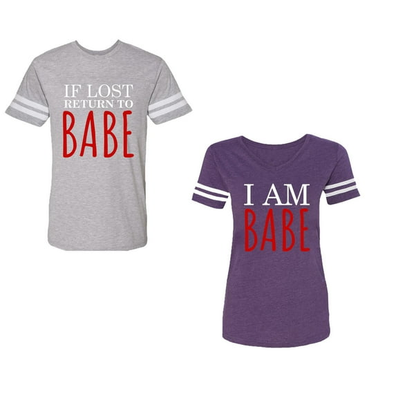 IF Lost Return To Babe I am Babe Unisex Couple Matching Cotton Jersey style T-Shirt Contrasting stripes on sleeves (Men Heather / Women Purple) (Men XL / Women S)