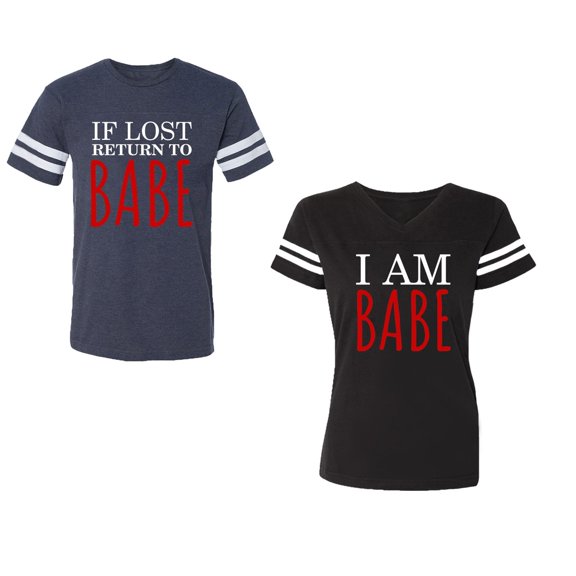 IF Lost Return To Babe I am Babe Unisex Couple Matching Cotton Jersey style T-Shirt Contrasting stripes on sleeves (Men Navy / Women Black) (Men L / Women S)