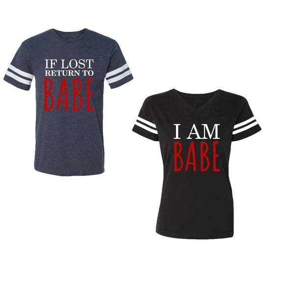 IF Lost Return To Babe I am Babe Unisex Couple Matching Cotton Jersey style T-Shirt Contrasting stripes on sleeves (Men Navy / Women Black) (Men S / Women S)