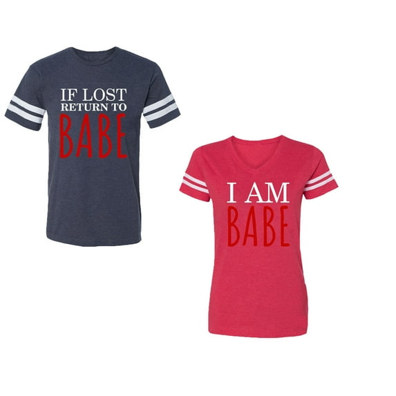 IF Lost Return To Babe I am Babe Unisex Couple Matching Cotton Jersey style T-Shirt Contrasting stripes on sleeves (Men Navy / Women Red) (Men XL / Women M)