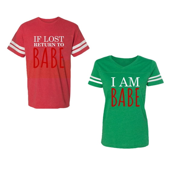 IF Lost Return To Babe I am Babe Unisex Couple Matching Cotton Jersey style T-Shirt Contrasting stripes on sleeves (Men Red / Women Green) (Men XL / Women M)