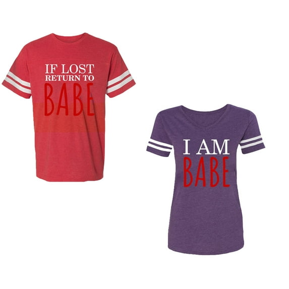 IF Lost Return To Babe I am Babe Unisex Couple Matching Cotton Jersey style T-Shirt Contrasting stripes on sleeves (Men Red / Women Purple) (Men XL / Women L)