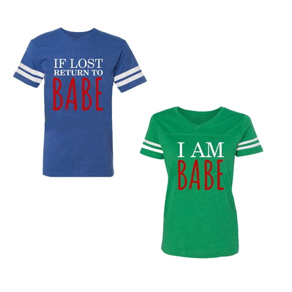 IF Lost Return To Babe I am Babe Unisex Couple Matching Cotton Jersey style T-Shirt Contrasting stripes on sleeves (Men Royal / Women Green) (Men S / Women XL)
