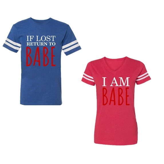 IF Lost Return To Babe I am Babe Unisex Couple Matching Cotton Jersey style T-Shirt Contrasting stripes on sleeves (Men Royal / Women Red) (Men M / Women S)
