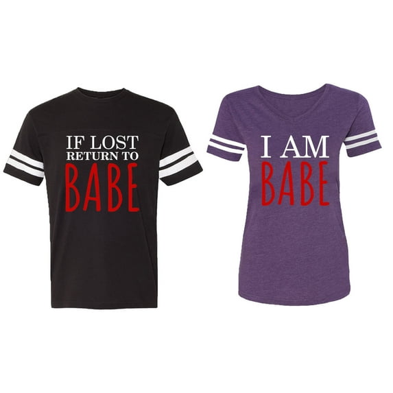IF Lost Return To Babe I am Babe Matching Couple Cotton Jerseys (Men Black / Women Purple) (Men XL / Women S)