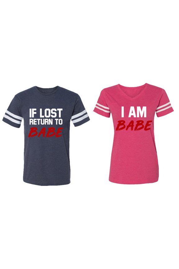 IF Lost Return To Babe I am Babe Matching Couple Cotton Jerseys (Men Navy / Women Pink) (Men M / Women M)