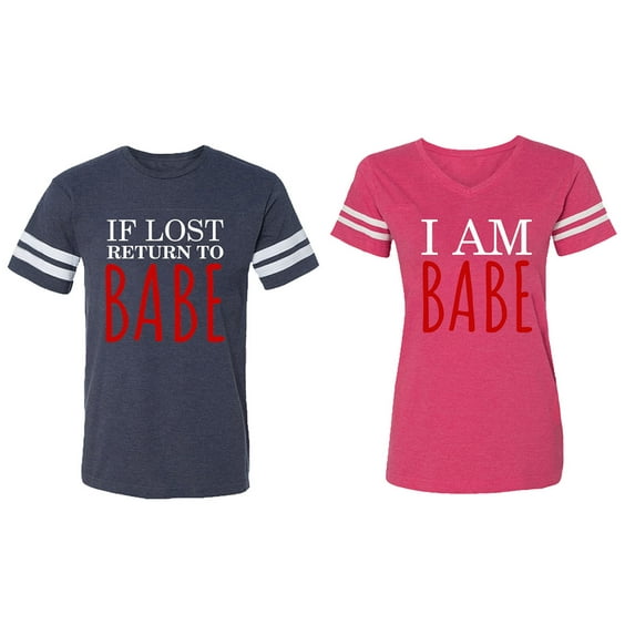 IF Lost Return To Babe I am Babe Matching Couple Cotton Jerseys (Men Navy / Women Pink) (Men M / Women XL)