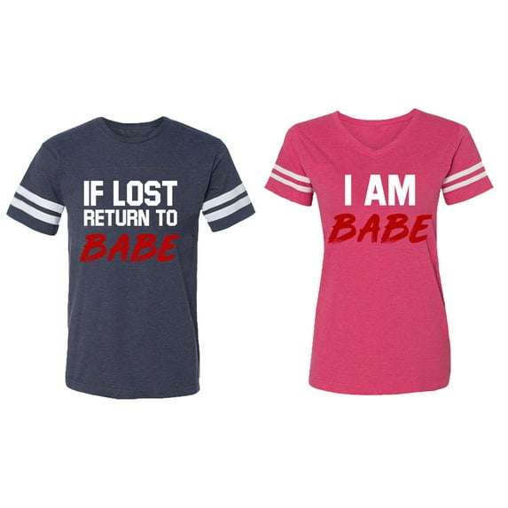 IF Lost Return To Babe I am Babe Matching Couple Cotton Jerseys (Men Navy / Women Pink) (Men S / Women XL)
