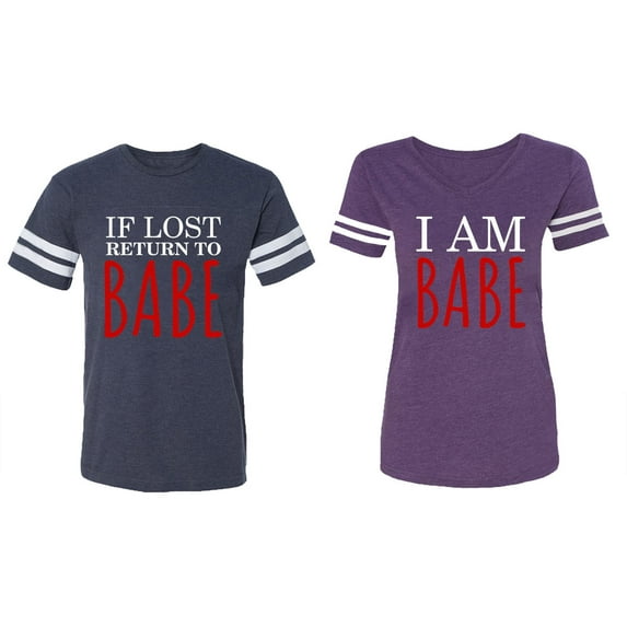 IF Lost Return To Babe I am Babe Matching Couple Cotton Jerseys (Men Navy / Women Purple) (Men L / Women XL)